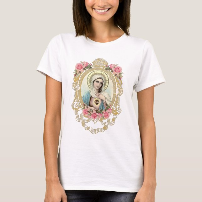 Élégante Vierge Marie Florale T-shirt catholique R (Devant)