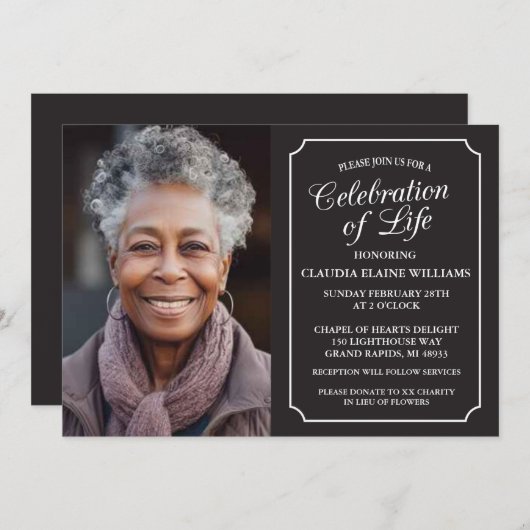 ELEGANTE VIERING VAN HET LEVEN BEGRAFENISUITNODIGI KAART (Voorkant / Achterkant)