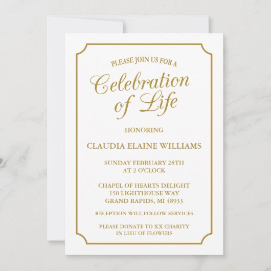 ELEGANTE VIERING VAN HET LEVEN BEGRAFENISUITNODIGI KAART (Voorkant)