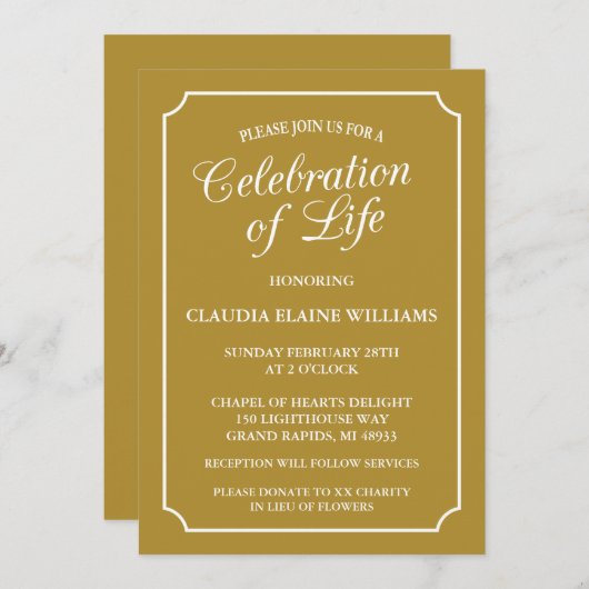 ELEGANTE VIERING VAN HET LEVEN BEGRAFENISUITNODIGI KAART (Voorkant / Achterkant)