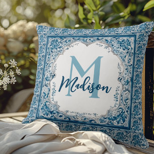 Elegante vintage aquablauwe bloemige monogram kussen