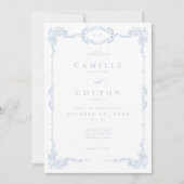 Elegante Vintage Barok Stofblauwe Huwelijk Kaart (Voorkant)