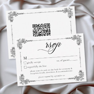 Elegante Vintage Barok Zwart Witte Trouw QR RSVP Kaartje