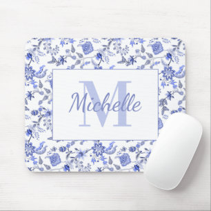 Elegante Vintage Blauwe Bloem Witte Monogram Naam Muismat