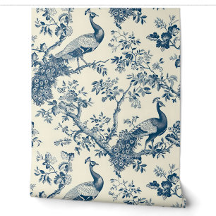Elegante Vintage Blauwe Chinoiserie Pauw Behang