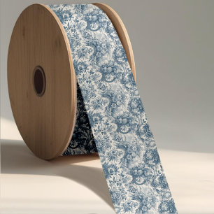 Elegante Vintage Blauwe Toile Bloemrijke Grosgrain Lint