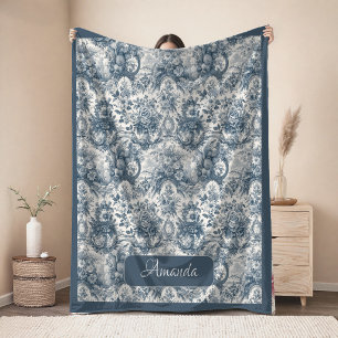 Elegante vintage blauwe toile de jouy monogram fleece deken