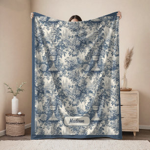Elegante vintage blauwe toile de jouy monogram fleece deken