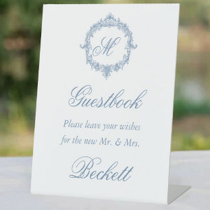 Elegante Vintage Blauwe Toile Monogram Bruiloft Reclamebord Met Voetstuk
