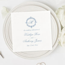 Elegante Vintage Blauwe Toile Monogram Bruiloft