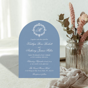 Elegante Vintage Blauwe Toile Monogram Huwelijk Kaart