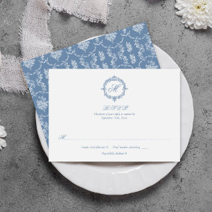 Elegante Vintage Blauwe Toile Monogram Huwelijk RSVP Kaartje