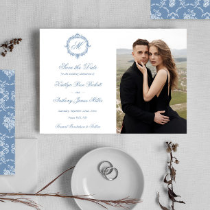 Elegante Vintage Blauwe Toile Monogram Huwelijksfo Save The Date