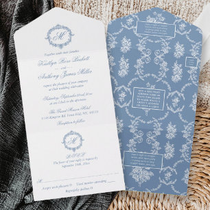 Elegante Vintage Blauwe Toile Monogram Huwelijksui All In One Uitnodiging