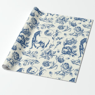Elegante vintage blauwe toile paard bloempatroon cadeaupapier