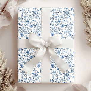 Elegante Vintage Blauwe Witte Bloem Toile Botanisc Cadeaupapier