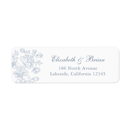 Elegante vintage bloem blauwe script huwelijksadre etiket (Voorkant)