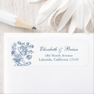 Elegante vintage bloem blauwe trouwadres etiket