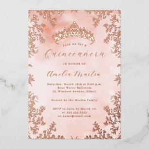 Elegante Vintage Bloem Roze Goud Quinceanera Folie Uitnodiging