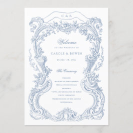 Elegante Vintage Bloemen Blauw Toile Lijst bruilof Programma