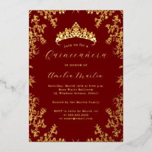 Elegante Vintage Bloemige Rode Gouden Quinceanera Folie Uitnodiging