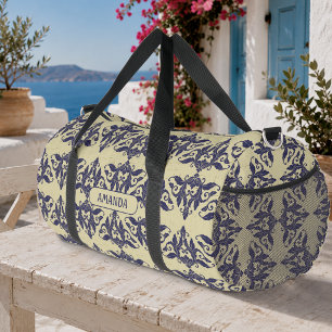 Elegante vintage damast navy blauw geel monogram plunjezak