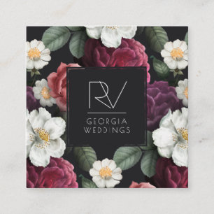 Elegante vintage donkere bloemen op zwart   Monogr Vierkante Visitekaartje