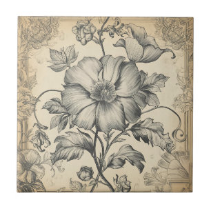 Elegante Vintage Franse Gegraveerde Bloemmotief Tegeltje