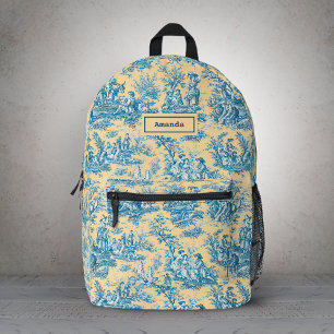 Elegante Vintage Gele Teal Toile de Jouy Monogram Bedrukte Rugzak