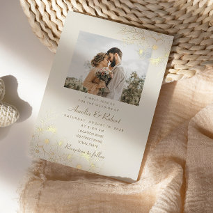 Elegante Vintage Gouden Fotobruiloft Kaart