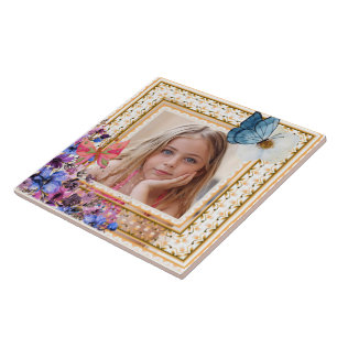 Elegante Vintage Gouden Frame Mozaïek Foto Aandenk Tegeltje