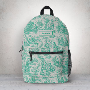Elegante vintage groene turquoise Toile de Jouy Bedrukte Rugzak