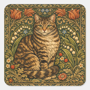 Elegante vintage kat bloemrijke botanische vierkante sticker