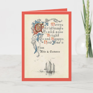 Elegante vintage kerst nieuwjaar boot notitiekaart