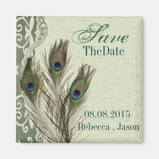 elegante vintage landelijke pauw save the date magneet (Voorkant)