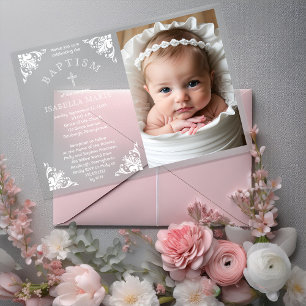 Elegante vintage lijstjes baby meisje foto doop acryl uitnodigingen