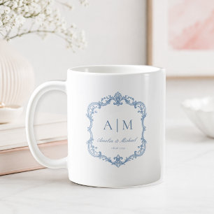 Elegante Vintage Monogram Trouw Stofblauw Koffiemok