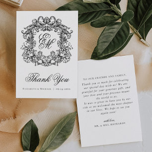 Elegante Vintage Monogrammen Wapen Huwelijk Bedankkaart
