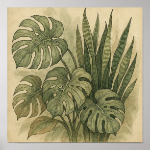 Elegante Vintage Poster van Monstera en Snake Plan