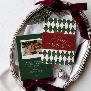 Elegante Vintage Rode Strik Groen Kerst Foto Feestdagenkaart