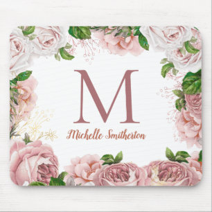 Elegante Vintage Roze Roze Bloem Wit Monogram Muismat