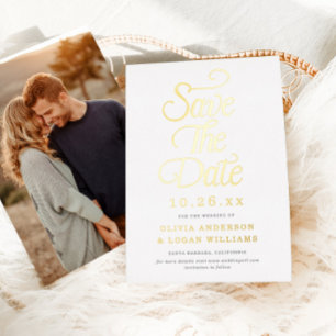 Elegante Vintage Script Foto Bruiloft Save the Dat Folie Uitnodiging