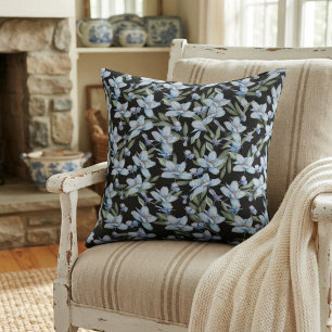 Elegante Vintage Stijl Blauwe Bloemen & Groene Bla Kussen