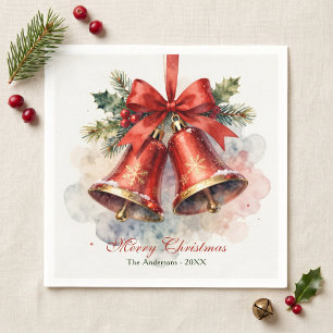 Elegante Vintage Waterverf Rode Bellen Kerstmis Servet