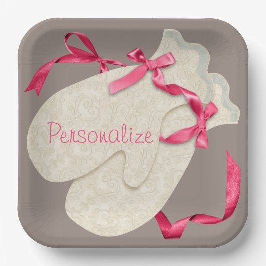 Elegante vintage winter handschoenen met lint kant papieren bordje (Voorkant)