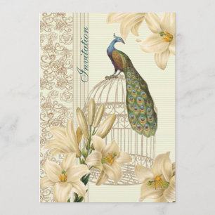 elegante Vintage witte lelie bloemrijke pauw huwel Kaart