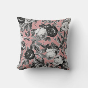 Elegante Vintage Zwarte Witte Rozen Stof Roze Kussen
