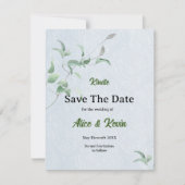 Elegante violette knop op een hemelsblauwe achterg save the date (Voorkant)