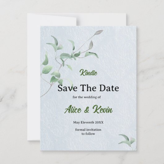 Elegante violette knop op een hemelsblauwe achterg save the date (Voorkant)