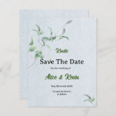 Elegante violette knop op een hemelsblauwe achterg save the date (Voorkant / Achterkant)
